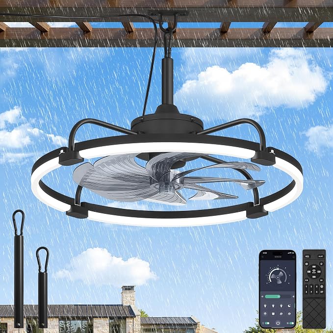 24" Outdoor Ceiling Fans with Light for Patios, IP65 Waterproof Gazebo Fan, Plug-in Hanging Fan Remote&APP Control, 3CCT