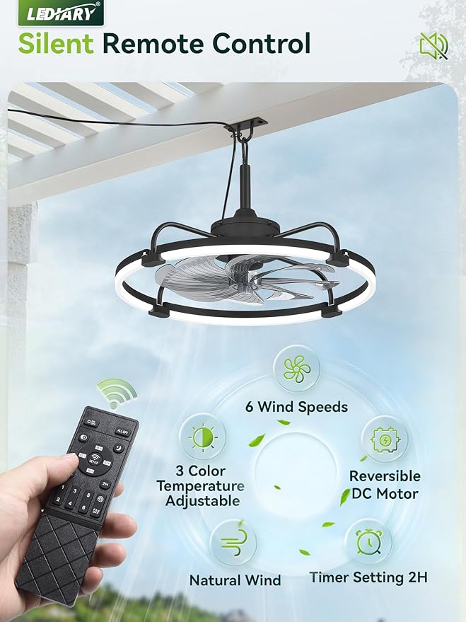 24" Outdoor Ceiling Fans with Light for Patios, IP65 Waterproof Gazebo Fan, Plug-in Hanging Fan Remote&APP Control, 3CCT