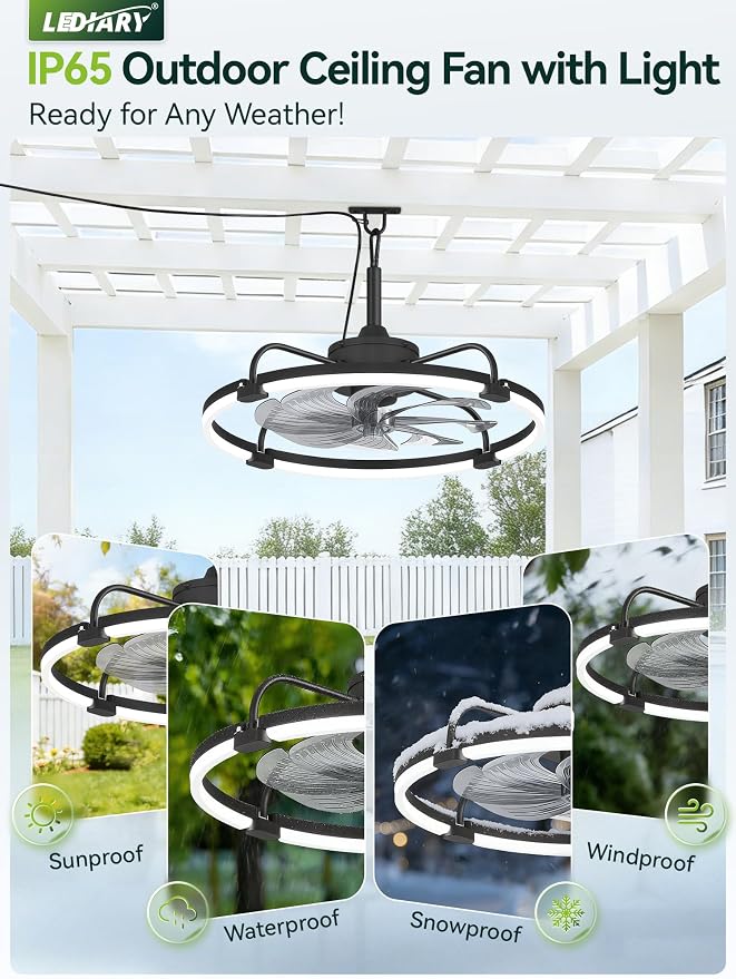 24" Outdoor Ceiling Fans with Light for Patios, IP65 Waterproof Gazebo Fan, Plug-in Hanging Fan Remote&APP Control, 3CCT