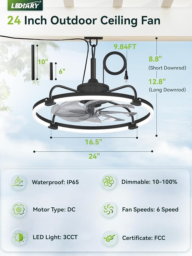 24" Outdoor Ceiling Fans with Light for Patios, IP65 Waterproof Gazebo Fan, Plug-in Hanging Fan Remote&APP Control, 3CCT