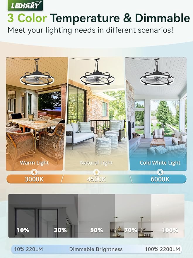 24" Outdoor Ceiling Fans with Light for Patios, IP65 Waterproof Gazebo Fan, Plug-in Hanging Fan Remote&APP Control, 3CCT