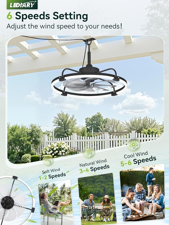 24" Outdoor Ceiling Fans with Light for Patios, IP65 Waterproof Gazebo Fan, Plug-in Hanging Fan Remote&APP Control, 3CCT