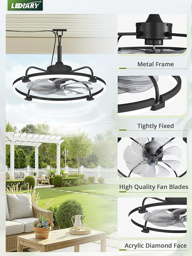 24" Outdoor Ceiling Fans with Light for Patios, IP65 Waterproof Gazebo Fan, Plug-in Hanging Fan Remote&APP Control, 3CCT