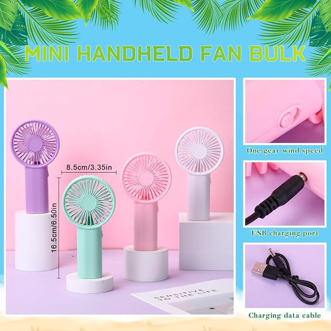 24 Pack Handheld Fan Bulk with Data Cable, USB Rechargeable Lightweight Mini Fan Individually Boxed for Party, Travel, Beach