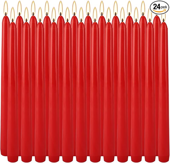 24 Pack Red Taper Candles, 7-8 Hours Burn Time, Unscented, Smokeless and Dripless, 0.75 x 10 Inch Dinner Candle Set for
