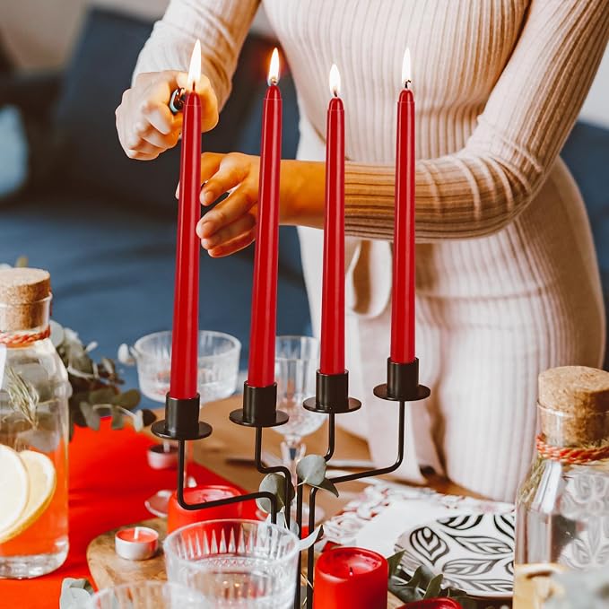 24 Pack Red Taper Candles, 7-8 Hours Burn Time, Unscented, Smokeless and Dripless, 0.75 x 10 Inch Dinner Candle Set for