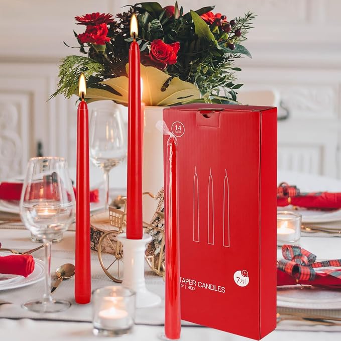 24 Pack Red Taper Candles, 7-8 Hours Burn Time, Unscented, Smokeless and Dripless, 0.75 x 10 Inch Dinner Candle Set for