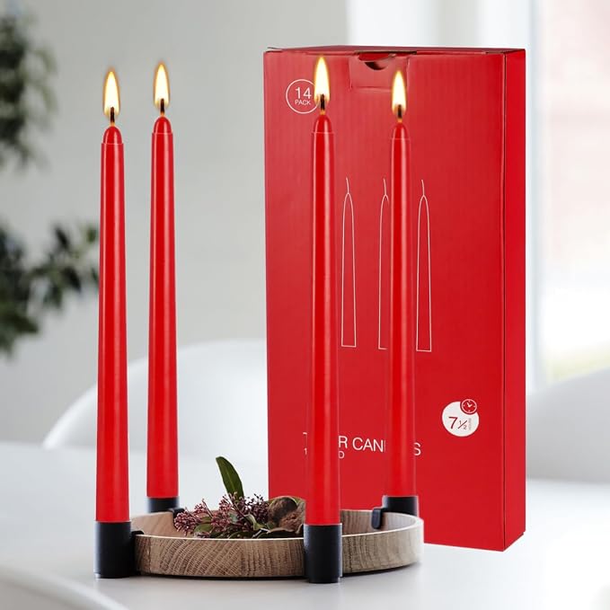 24 Pack Red Taper Candles, 7-8 Hours Burn Time, Unscented, Smokeless and Dripless, 0.75 x 10 Inch Dinner Candle Set for
