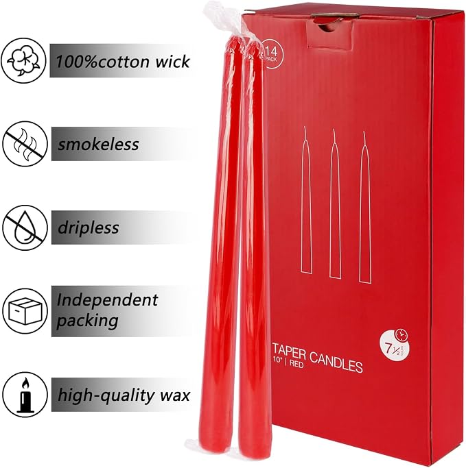 24 Pack Red Taper Candles, 7-8 Hours Burn Time, Unscented, Smokeless and Dripless, 0.75 x 10 Inch Dinner Candle Set for