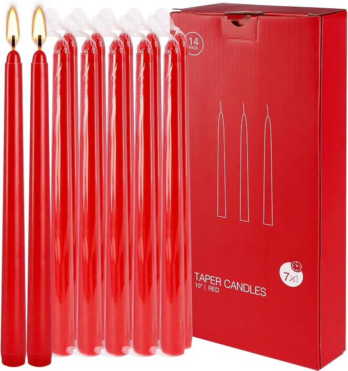 24 Pack Red Taper Candles, 7-8 Hours Burn Time, Unscented, Smokeless and Dripless, 0.75 x 10 Inch Dinner Candle Set for