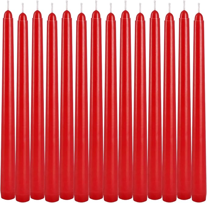 24 Pack Red Taper Candles, 7-8 Hours Burn Time, Unscented, Smokeless and Dripless, 0.75 x 10 Inch Dinner Candle Set for