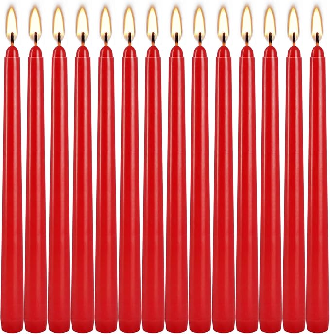 24 Pack Red Taper Candles, 7-8 Hours Burn Time, Unscented, Smokeless and Dripless, 0.75 x 10 Inch Dinner Candle Set for