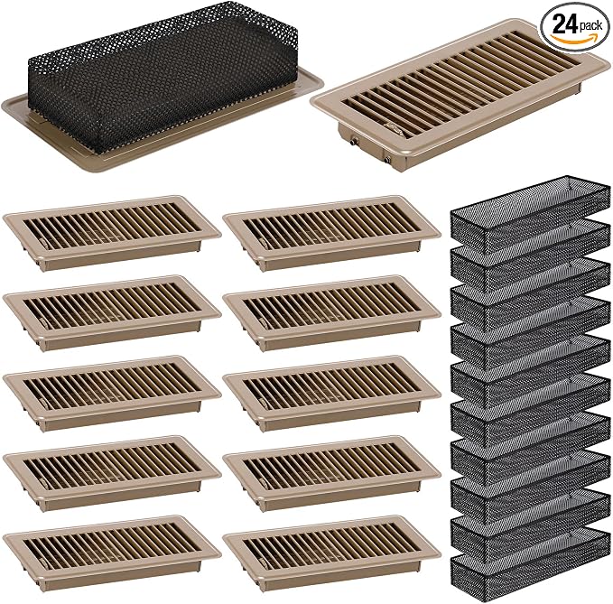 24 Pcs 4" x 10" Floor Register with Cover Trap Set, Including 12 Walkable Design Vent Covers 12 Air Vent Mesh Filters for