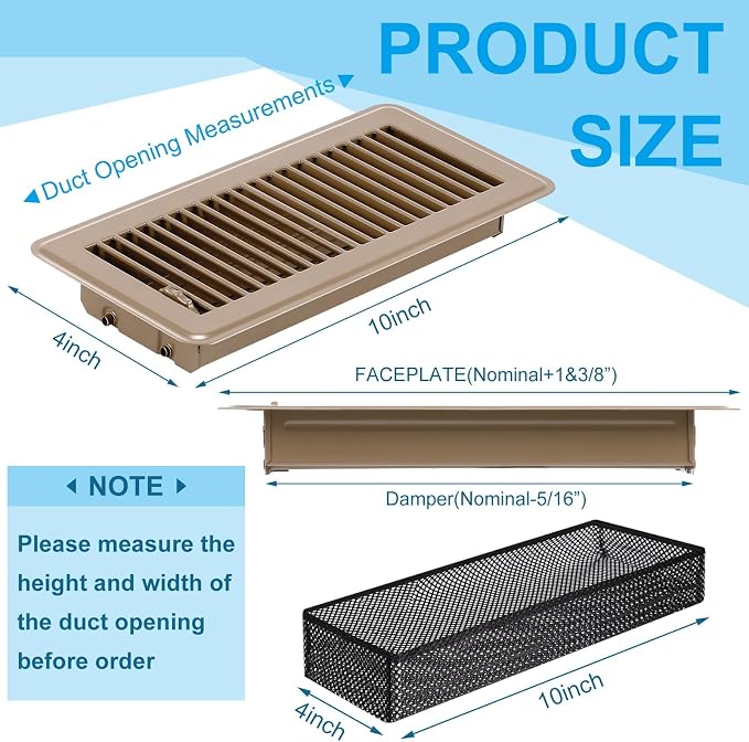24 Pcs 4" x 10" Floor Register with Cover Trap Set, Including 12 Walkable Design Vent Covers 12 Air Vent Mesh Filters for