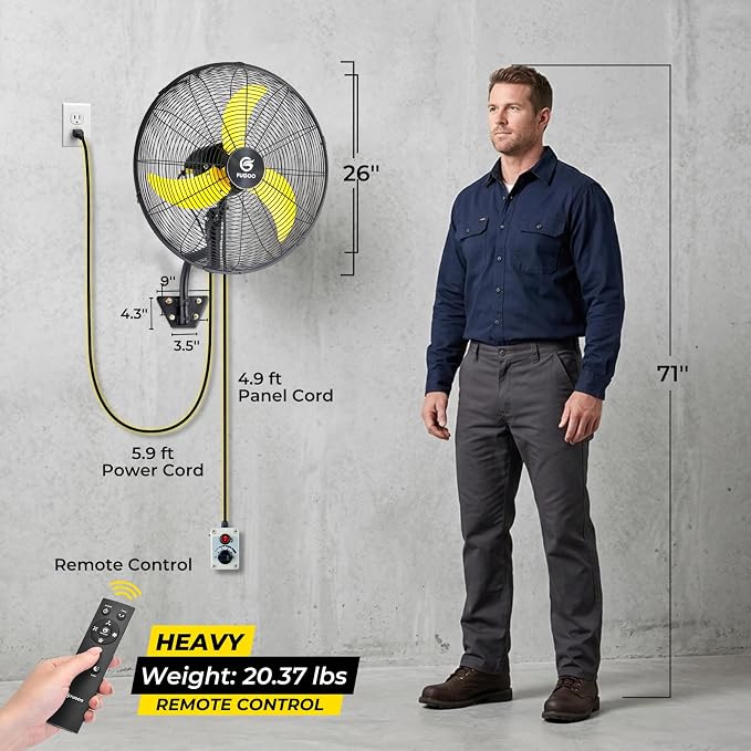 24" Quiet Outdoor Oscillating Wall Mount Fan With Remote Control,All Sealed BLDC Motor,4-Speed Waterproof Outdoor Fan