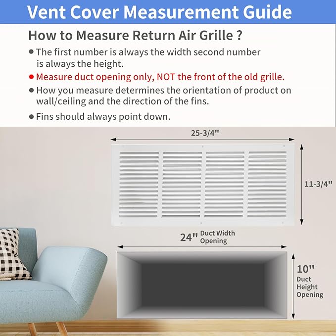 24"W x 10"H [Duct Opening Size] Steel Return Air Grille, Air Return Vent Cover for Ceiling and Sidewall - HVAC Air Vent