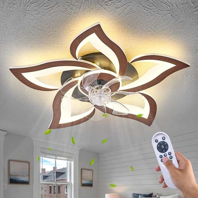 24" Wood Geometric Ceiling Fan with Lights Remote Control, Low Profile Ceiling Fan with Light for Kitchen Bedroom Living