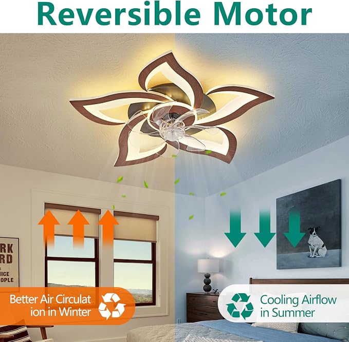 24" Wood Geometric Ceiling Fan with Lights Remote Control, Low Profile Ceiling Fan with Light for Kitchen Bedroom Living