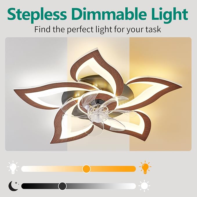 24" Wood Geometric Ceiling Fan with Lights Remote Control, Low Profile Ceiling Fan with Light for Kitchen Bedroom Living