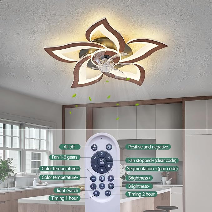 24" Wood Geometric Ceiling Fan with Lights Remote Control, Low Profile Ceiling Fan with Light for Kitchen Bedroom Living