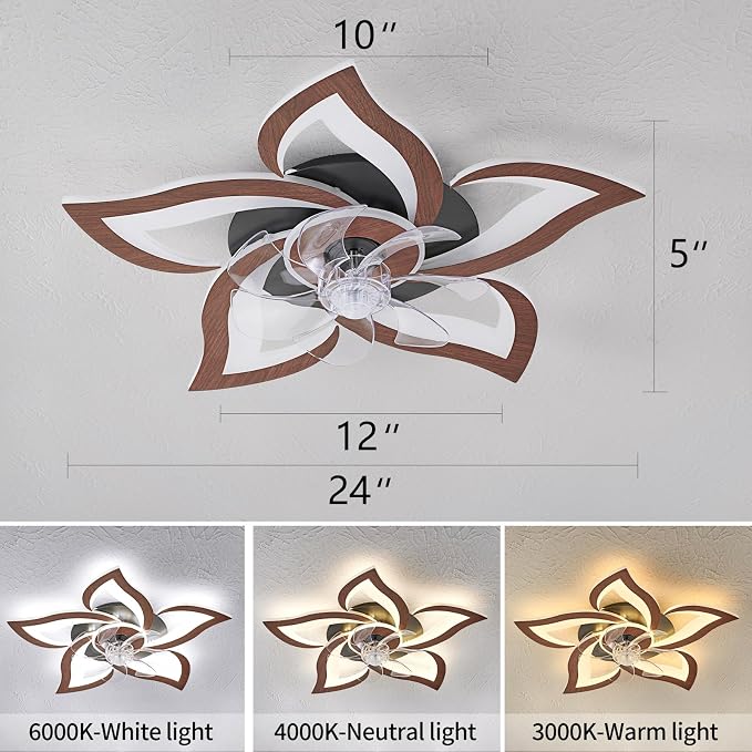 24" Wood Geometric Ceiling Fan with Lights Remote Control, Low Profile Ceiling Fan with Light for Kitchen Bedroom Living