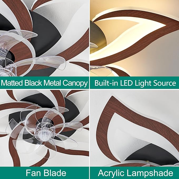24" Wood Geometric Ceiling Fan with Lights Remote Control, Low Profile Ceiling Fan with Light for Kitchen Bedroom Living