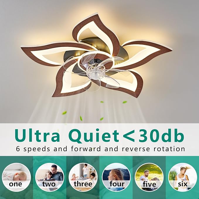 24" Wood Geometric Ceiling Fan with Lights Remote Control, Low Profile Ceiling Fan with Light for Kitchen Bedroom Living
