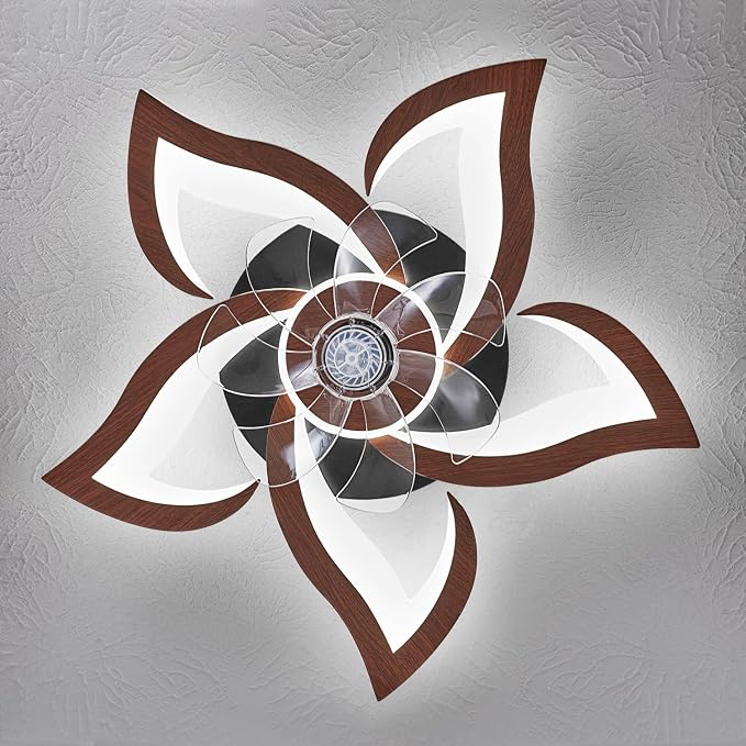 24" Wood Geometric Ceiling Fan with Lights Remote Control, Low Profile Ceiling Fan with Light for Kitchen Bedroom Living