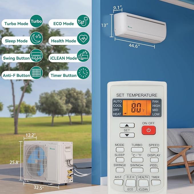24000 BTU Mini Split Air Conditioner Heat Pump System, Wifi Enabled 18.5 SEER2 208-230V Inverter Ductless AC Cool Up to 1500