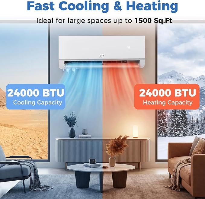 24000 BTU Mini Split Air Conditioner & Heater, 20 SEER2 208/230V Wifi EnabledEnergy Efficient Inverter Split AC Unit Up to