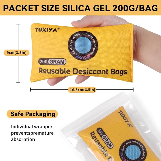 24Pack(200g Each) Rechargeable Silica Gel Desiccant Packets,Color Indicating Desiccant Packs for Storage,Moisture Absorbers