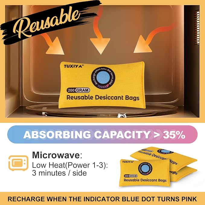 24Pack(200g Each) Rechargeable Silica Gel Desiccant Packets,Color Indicating Desiccant Packs for Storage,Moisture Absorbers