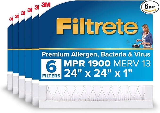 24x24x1 AC Furnace Air Filter, MERV 13, MPR 1900, Premium Allergen, Bacteria & Virus Filter, 3-Month Pleated 1-Inch