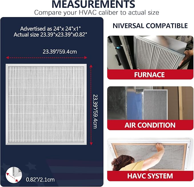 24x24x1 Electrostatic Air Filter, Washable & Reusable Aluminum AC/HVAC Furnace Filter, MERV 8 Permanent Air Filter, Lasts a