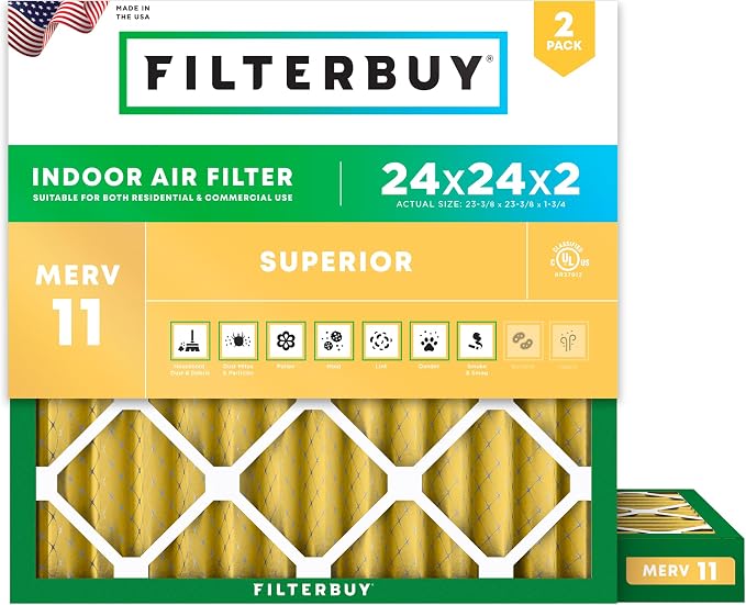 24x24x2 Air Filter MERV 11 Superior Pet & Allergy Defense (2-Pack), Electrostatic Pleated HVAC AC Furnace Filters