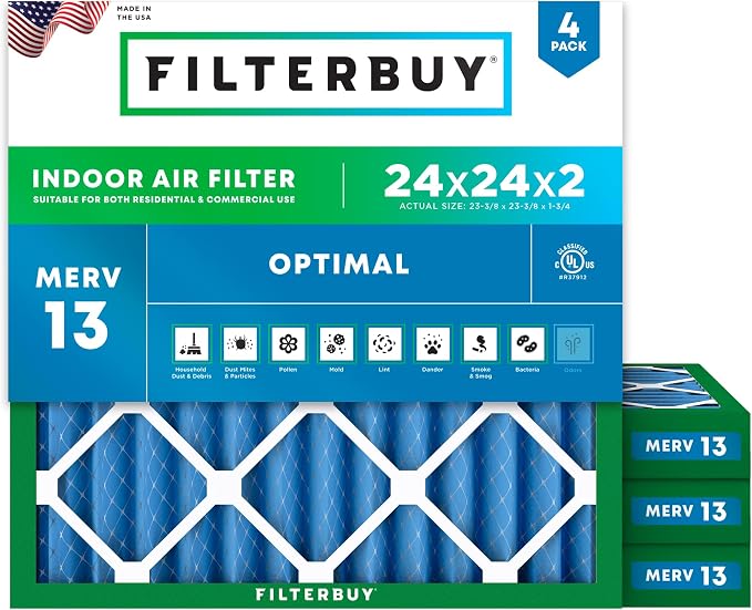 24x24x2 Air Filter MERV 13 Optimal Smoke & Allergy Defense (4-Pack), Electrostatic Pleated HVAC AC Furnace