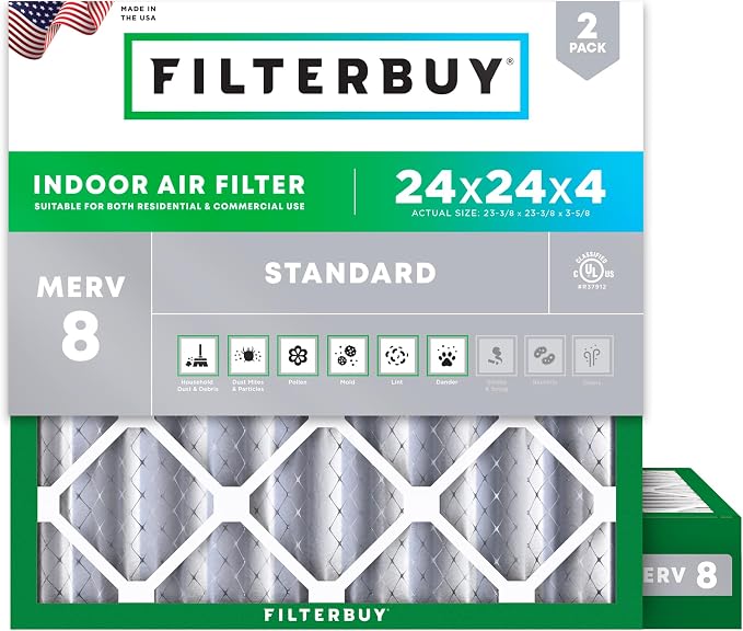24x24x4 Air Filter MERV 8 Essential Dust & Allergy Defense (2-Pack), Electrostatic Pleated HVAC AC Furnace Filters