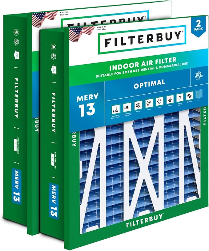 24x24x5 Air Filter MERV 13 Optimal Smoke & Allergy Defense (2-Pack), Electrostatic Pleated HVAC AC Furnace Filters