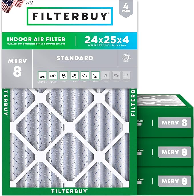 24x25x4 Air Filter MERV 8 Essential Dust & Allergy Defense (4-Pack), Electrostatic Pleated HVAC AC Furnace Filters