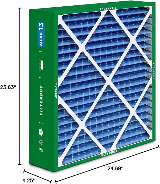 24x25x5 Air Filter MERV 13 Optimal Smoke & Allergy Defense (2-Pack), Electrostatic Pleated HVAC AC Furnace Filters for