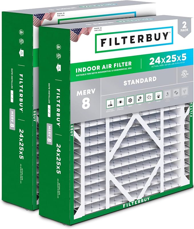 24x25x5 Air Filter MERV 8 Essential Dust & Allergy Defense (2-Pack), Electrostatic Pleated HVAC AC Furnace Filters for