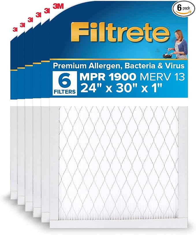 24x30x1 AC Furnace Air Filter, MERV 13, MPR 1900, Premium Allergen, Bacteria & Virus Filter, 3-Month Pleated 1-Inch
