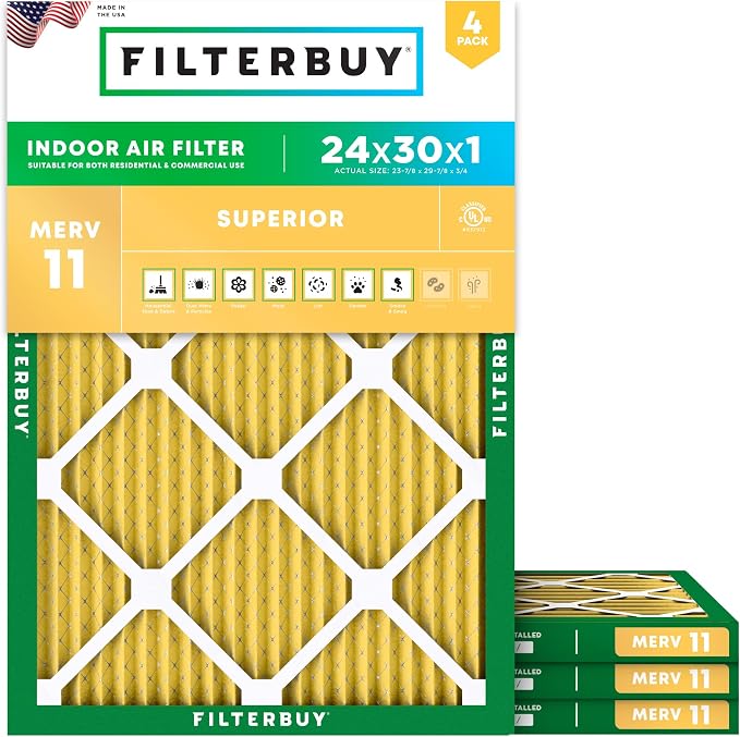 24x30x1 Air Filter MERV 11 Superior Pet & Allergy Defense (4-Pack), Electrostatic Pleated HVAC AC Furnace Filters Replacement
