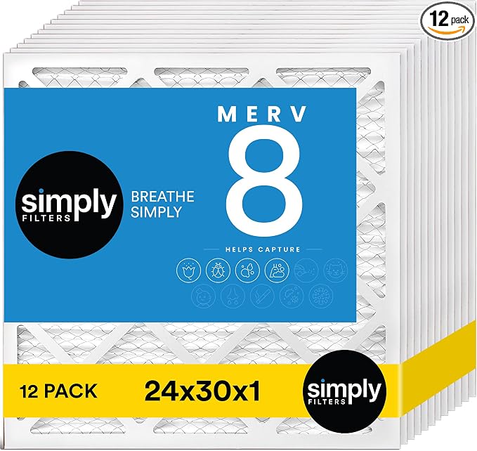 24x30x1 Air Filter, Merv 8, 12 Pack, For Home AC Furnace & HVAC (Actual Size: 23.94"x29.94"x0.75") DUST, Pet, &