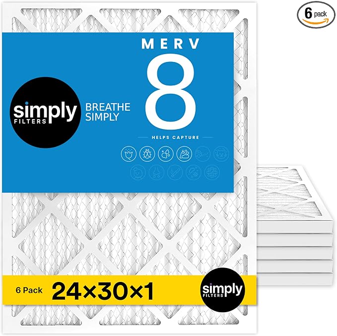 24x30x1 Air Filter, Merv 8, 6 Pack, For Home AC Furnace & HVAC (Actual Size: 23.94"x29.94"x0.75") DUST, Pet & Allergy