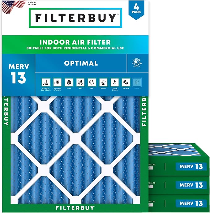 24x30x2 Air Filter MERV 13 Optimal Smoke & Allergy Defense (4-Pack), Electrostatic Pleated HVAC AC Furnace