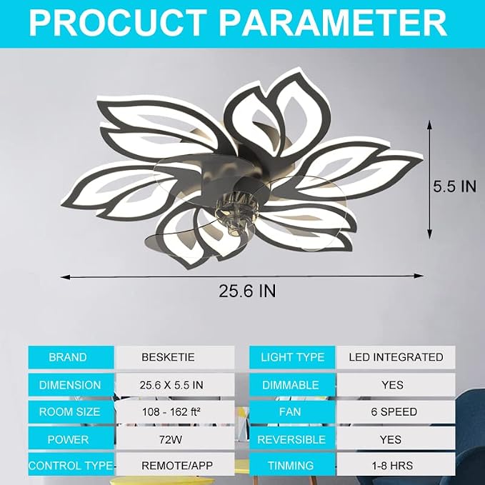 25.6" Bladeless Ceiling Fan with Lights Remote Control, Modern Low Profile Ceiling Fans with Lights, Dimmable 3 Color 6 Wind