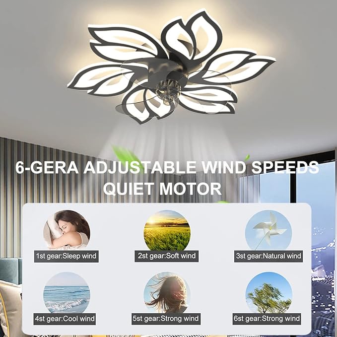 25.6" Bladeless Ceiling Fan with Lights Remote Control, Modern Low Profile Ceiling Fans with Lights, Dimmable 3 Color 6 Wind