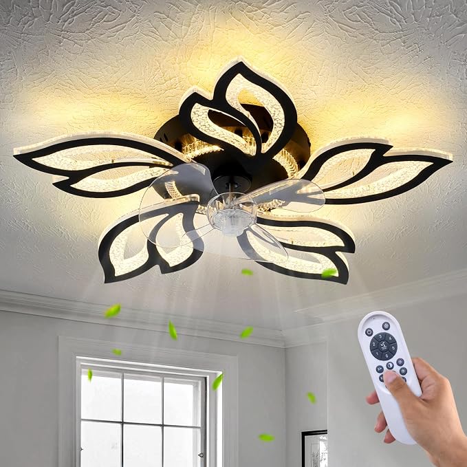 25" Black Geometric Ceiling Fan with Lights and Remote Control, 3 Light Color 6 Speeds Flush Mount Low Profile Ceiling Fan