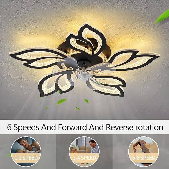 25" Black Geometric Ceiling Fan with Lights and Remote Control, 3 Light Color 6 Speeds Flush Mount Low Profile Ceiling Fan